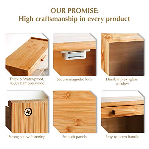 Bamboo Bread Box for Kitchen Counter - Double Layer Bread Storage with Clear Windows