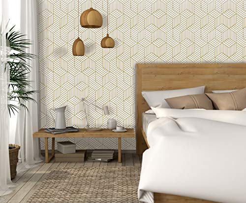 Gold and White Geometric Wallpaper Peel and Stick Wallpaper Hexagon