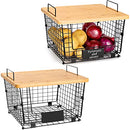 2 Set Kitchen Counter Basket with Bamboo Top - Pantry Cabinet Organization and Storage Wire Basket