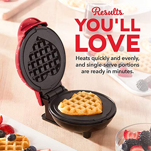 Mini Waffle Maker for Individual Waffles, Non-Stick Surfaces, 4 Inch, Red Love Heart