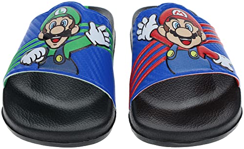 SUPER MARIO Boys' Sport Slide Sandal, Mario & Luigi Mismatch Sandals, Black/Blue, Size 12/13