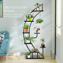 VIVOHOME 6 Tier 9 Potted Steel-Wood Plant Stand with Hanger, Curved Flower Pot Holder Shelf for Indoor, Black