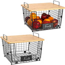 2 Set Kitchen Counter Basket with Bamboo Top - Pantry Cabinet Organization and Storage Wire Basket