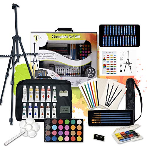 126 Piece Deluxer Artist Painting Set with Floor Easel, Arcylic and Watercolor Paint Kit