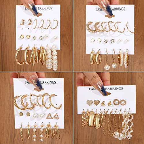 36 Pairs Gold Earrings Set for Women Girls, Fashion Pearl Chain Link Stud Drop Dangle