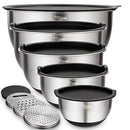Mixing Bowls Set of 5, Wildone Stainless Steel Nesting Bowls with Airtight Lids, 3 Grater Attachments