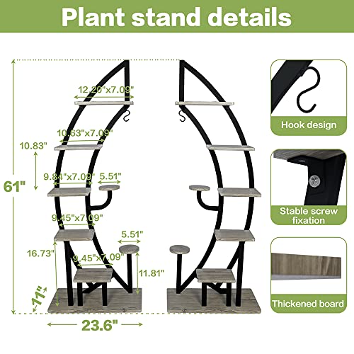 HOPUBUY Plant Stand Indoor 2 Pcs 6 Tier, Steel Wood Tall Plant Stand with Hanger, Outdoor Curved Flower Pot Holder, Modern Plant Shelf for Living Room, Black