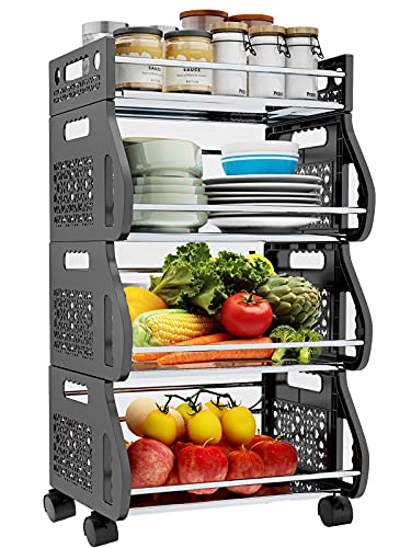 Fruit Storage Basket, HEROPIE 4 Tier Rolling Stackable Vegetable Fruit Basket Utility Cart