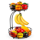 2-Tier Countertop Fruit Vegetables Basket Bowl Storage With Banana Hanger, Black