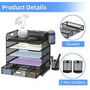 5-Trays Desktop File Organizer with Handle, Letter Tray Paper Organizer with Drawer and Pen Holders