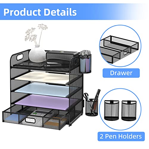 5-Trays Desktop File Organizer with Handle, Letter Tray Paper Organizer with Drawer and Pen Holders