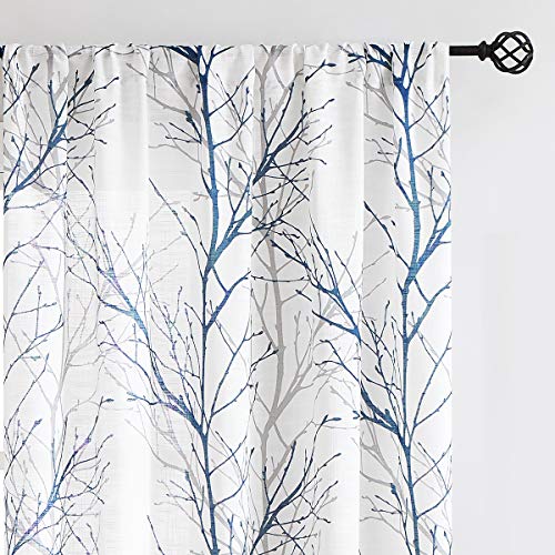 White Blue Semi-Sheer Curtains 96-inches for Living Room Navy Grey Branches Printed