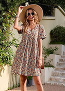 Summer Dress for Women Short Sleeve V Neck Ruffled Floral Swing A-Line Dresses
