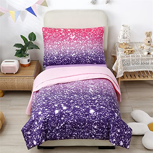 4 Piece Toddler Bedding Set for Girls Pink Purple Glitter Toddler Comforter Set