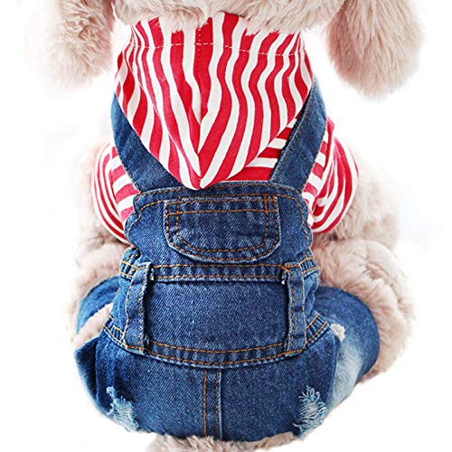 Pet Clothes Denim Dog Jeans Striped Jumpsuit Overall Hoodie