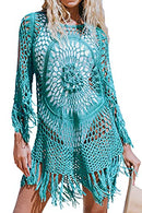 CUPSHE Women's Cover Up Blue Crochet Hollow Out Tassel Swimsuit