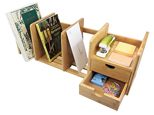 Natural Bamboo Desk Organizer with Extendable Storage and Two Drawers for Office