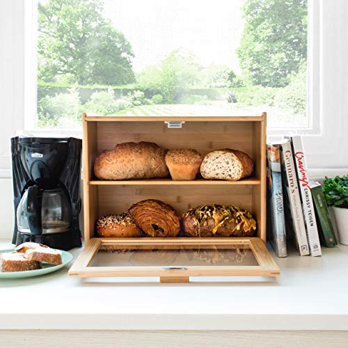 Bamboo Bread Box for Kitchen Counter - Double Layer Bread Storage with Clear Windows