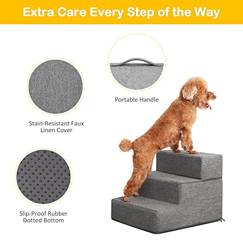Dog Stairs 3 Steps, High Density Foam Dog Steps for High Bed, Foldable Pet Stairs