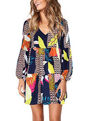 Women's V Neck Bishop Sleeves Soft Loose Tunic Fall Dress Geometry M