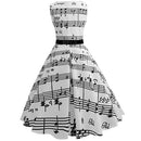 Wellwits Women's Boat Neck Sash Tie Music Note Print Midi Fall Swing Dress M