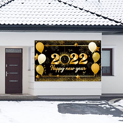 Happy New Year Decorations 2022, Large Size Fabric Black and Gold Happy New Year Banner Photography Backdrop for New Years Eve Party Supplies 2022 Indoor Outdoor