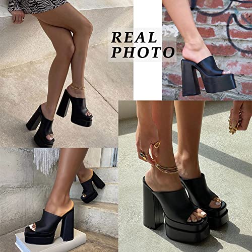 Womens Chunky High Heel Sandals Double Platform Slip On Slippers Open Square Toe