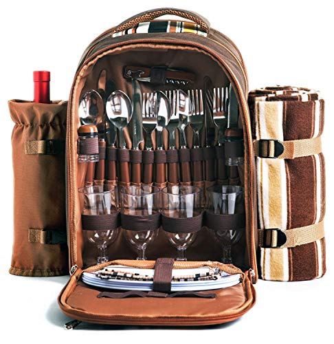 Picnic Backpack Bag for 4 Person w/ Cooler Compartment, Detachable Bottle Holder