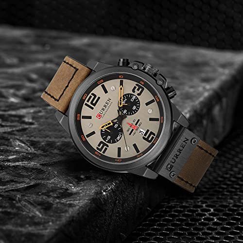 FANMIS Mens Leather Strap Watches Classic Sandwich Dial Casual Dress Stainless Steel Waterproof Chronograph Date Analog Quartz Watch (Black Brown)