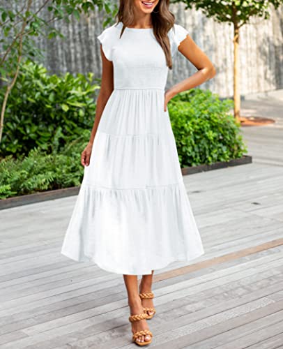 Women's Casual Short Sleeve Elastic Waist Tiered Midi Dress