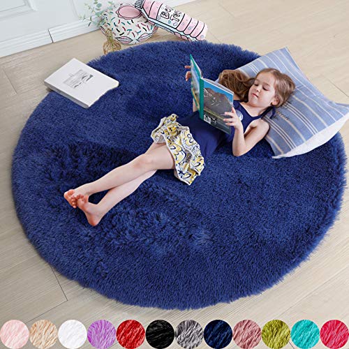 Navy Blue Rug for Bedroom,Fluffy Circle Rug 5'X5' for Kids Room,Furry Carpet