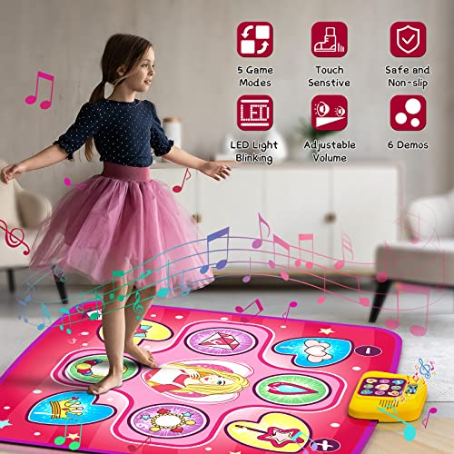 beefunni Dance Mat, Electronic Musical Play Mats Pink Dance Pad with LED Lights, Dancing Floor Mat Game Toy with 5 Game Modes, Christmas Birthday Gifts for 3 4 5 6 7 8 9 10 Year Old Girls Toys