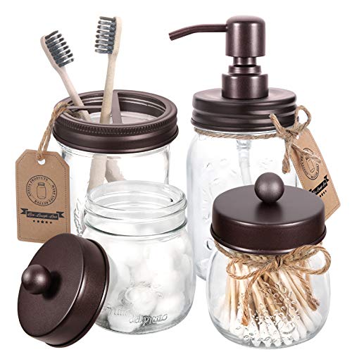 Mason Jar Bathroom Accessories Set 4 - Soap Dispenser, Apothecary Jars