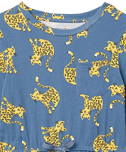 Girls' Long-Sleeve Elastic Waist T-Shirt Dress, Blue/Gold, Cat/Floral, Small