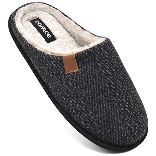 Mens Black Woolen Cozy Memory Foam scuff Slippers Slip On Warm House Shoes