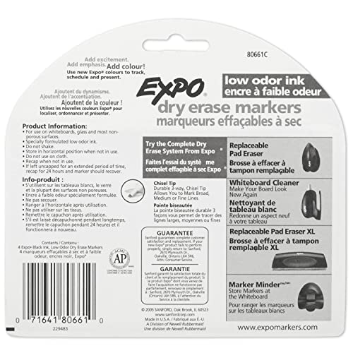 Low-Odor Dry Erase Markers, Chisel Tip, Black, 4-Count