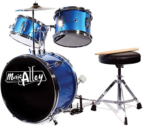 Music Alley 3 Piece Kids Drum Set with Throne, Cymbal, Pedal & Drumsticks, Blue