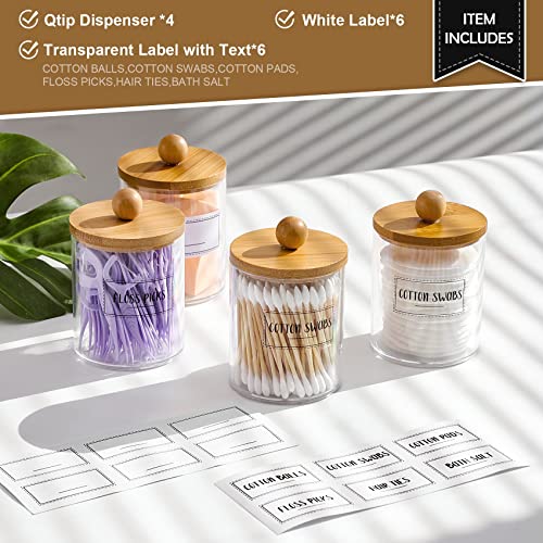 4 Pack Qtip Holder Dispenser with Bamboo Lids - Apothecary Jar Containers for Vanity