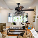 52"Farmhouse Rustic Indoor Ceiling Fans with Lights Industrial Black Metal Caged Ceiling