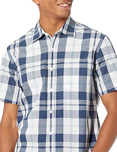 Men's Slim-Fit Short-Sleeve Plaid Casual Poplin Shirt, White/Navy