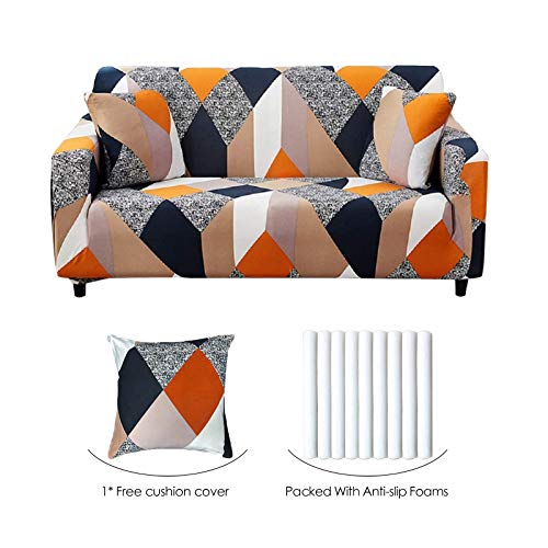 Stretch Sofa Covers Printed Couch Cover Sofa Slipcovers for 3 Cushion Couches Elastic Universal Furniture Protector with 1 Pillowcase (Large, Grey Geometry)