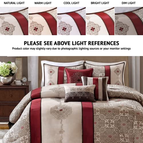 Bed Comforter Set Bed In A Bag - Taupe, Burgundy , Jacquard Pattern