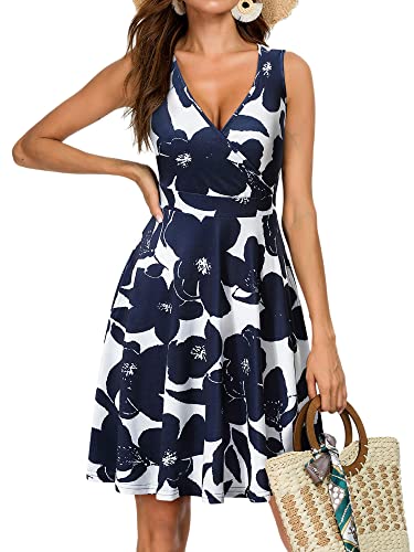 Womens Navy Dress Deep V Neck Wrap Floral Sleeveless Summer Midi Sundress