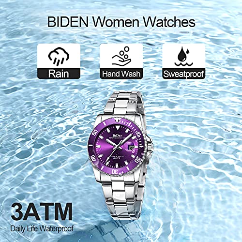 Womens Watches Purple Stainless Steel Waterproof Date Analog Quartz Watch