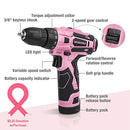 WORKPRO 12V Pink Cordless Drill and Home Tool Kit, 61 Pieces Hand Tool for DIY, Home Maintenance, 14-inch Storage Bag Included - Pink Ribbon