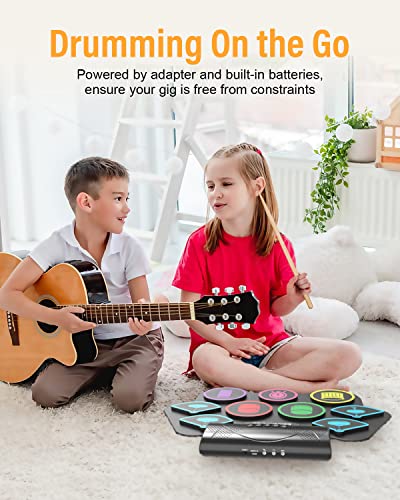 Drum Pad Kit for Beginners Kids with Build-in Stereo Speaker, Drum Sticks, Great Holiday