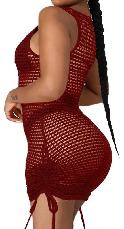 Women's Sexy Swimsuits Coverups See Through Tank Top Mesh Elegant Beachwear Bodycon Dresses with Drawstrings