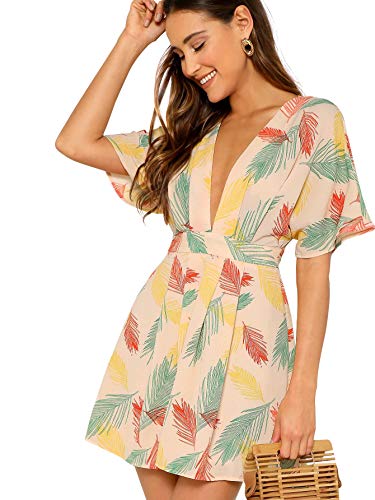 Women's Deep V Neck Tie Open Back Tropical Short Dress