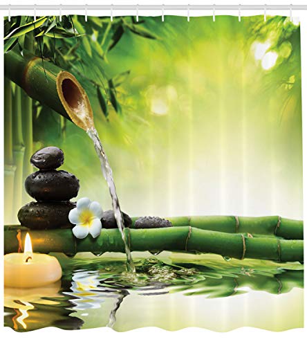 Ambesonne Spa Shower Curtain, Meditation and Picture of Bamboo Stalks Candle