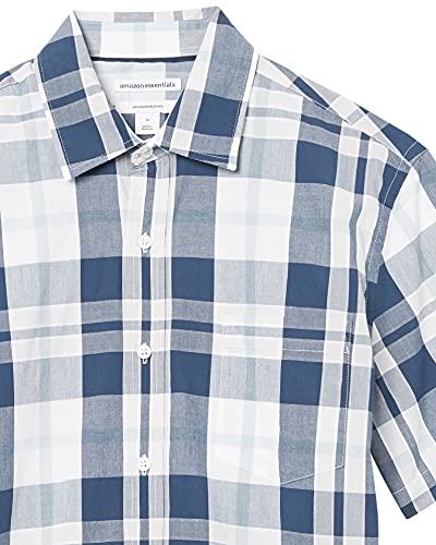 Men's Slim-Fit Short-Sleeve Plaid Casual Poplin Shirt, White/Navy